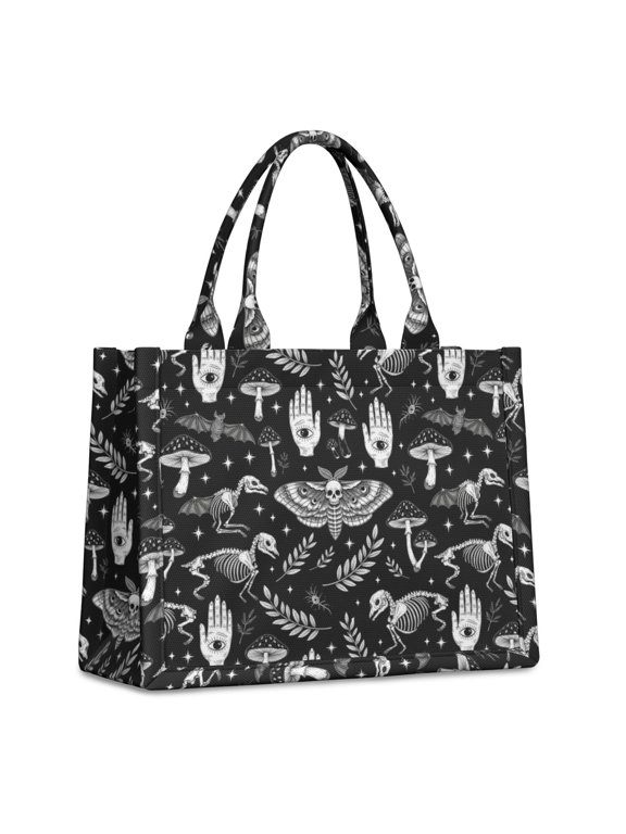 Moth and Skeleton Gothic Pattern Tote Bag, Travel Tote Purse with Interior Pockets & Top Handle, Dacron Fabric Gifts for Birthday Christmas Thanksgiving,15.7 X 5.1 X 13 Inches