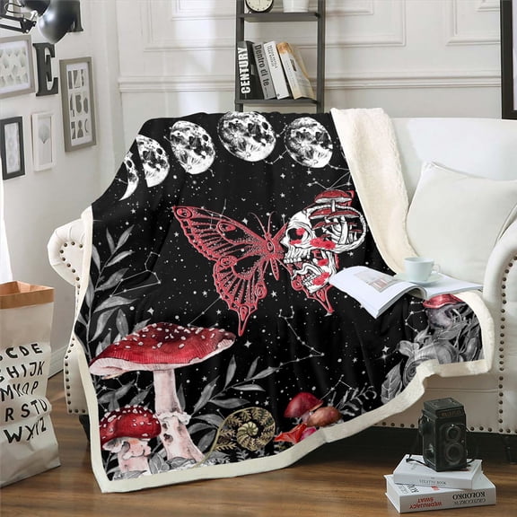 Moth Skeleton Moon Phase Throw Blanket Halloween Witchy Hippie Fuzzy Blanket Mushroom Butterfly Botanical Goth Decor Fleece Blanket Death Moth Sugar Skull Blanket for Living Room, Twin