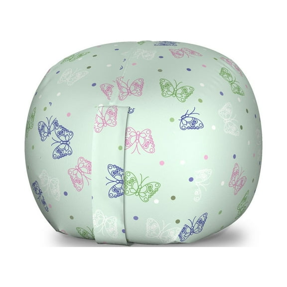 Moth Storage Toy Bag Chair, Butterfly Motif on Polka Dots Ornamental Spring Wings Freedom Season, Stuffed Animal Organizer Washable Bag, Large Size, Pale Purple and Mint Green, by Ambesonne