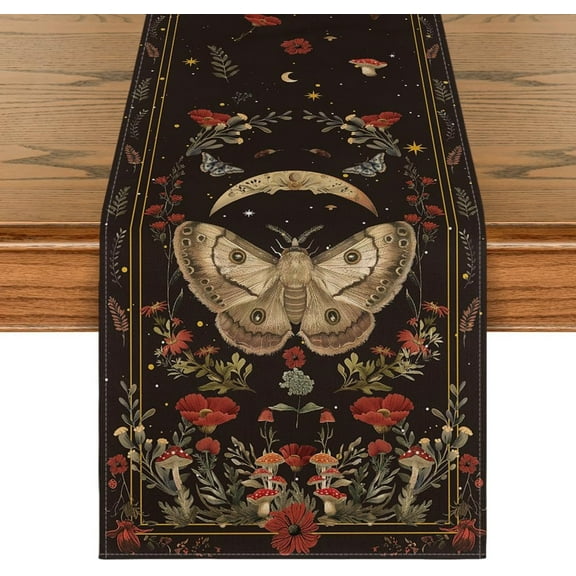 Moth Table Runner, Mushroom Moon Fall Table Cloth Seasonal Autumn Kitchen Dining Table Decoration for Home Party Decor