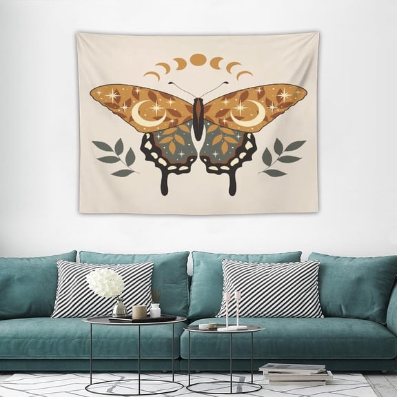 Moth Tapestry Mid Century Boho Moon Purple Green Leaves Moth Pattern Printed Tapestry Wall Hanging for Bedroom Living Room Dorm 40" W x 30" H