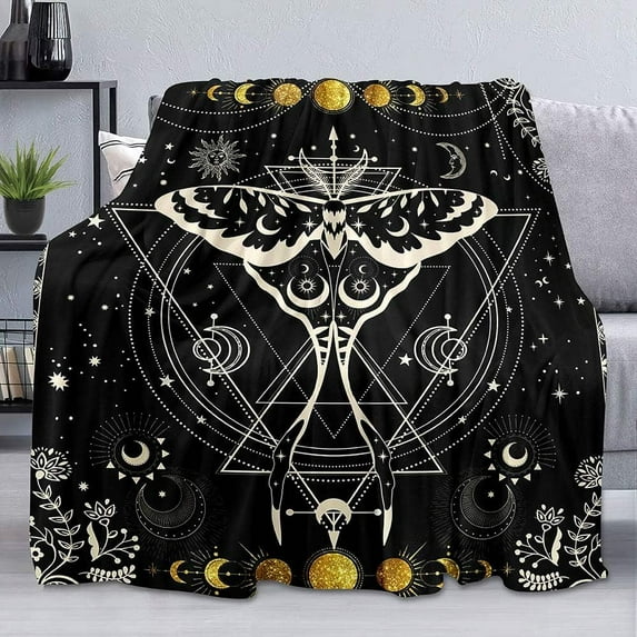Moth Throw Blanket, Gold Glitter Sun and Moon Phase Botanical Butterfly Starry Sky Celestial Blanket, Black Blanket, Cozy Lightweight Soft Flannel Fleece Blanket for Couch, Sofa, 30"x40"