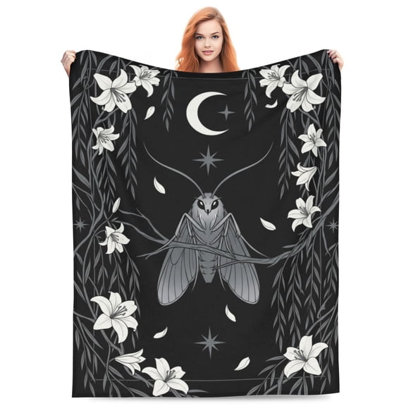 Moth Throw Blanket Gothic Halloween Gift for Adults Dark Academia Witchy Moonlight Lily Decor Throw 50x40