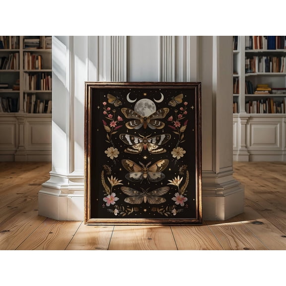 Moth Wall Art, Moon Print, Magical Decor Art, Witchy Aesthetic, Dark Prints, Dark Botanical Art, Moth Poster, Insect Print, Moth Gift Poster Unframed