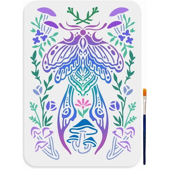 Moth Wildflower Stencil 11.78.3inch Large Moth Butterfly Insect Pattern Painting Stencil with Paint Brush Mushroom Insect Drawing Templates for Wood Canvas Paper Fabric Wall Glass for DIY