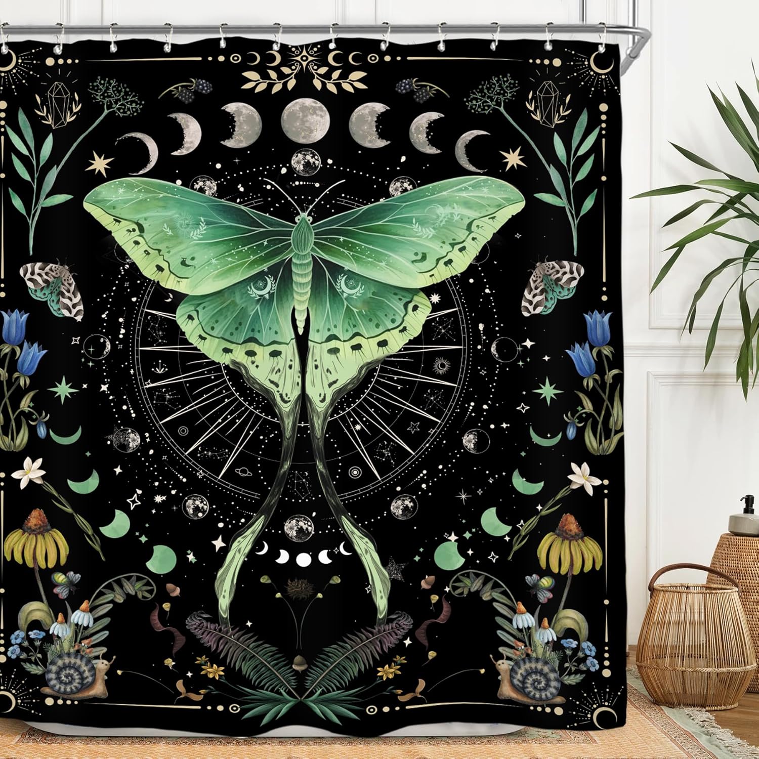 Moth Witchy Gothic Shower Curtain Set 71Wx71H Inches Moon Phase Teal Wildflower Plant Mysterious Night Moonlit Butterfly Botanical Tarot Polyester Bathroom Curtain with 12 Hooks