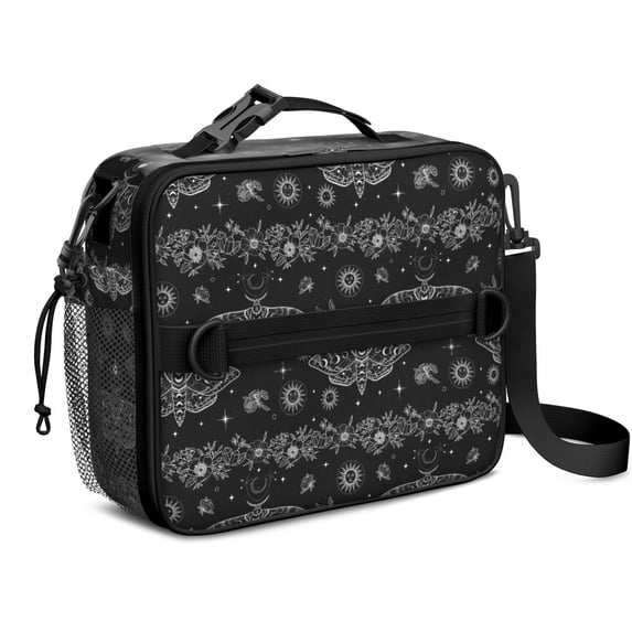 Moth and Flower Gothic Pattern Insulated Lunch Bag with Shoulder Strap and Bottle Holder,Bento School Lunch Bag Box,11x9.5x3.5 Inches