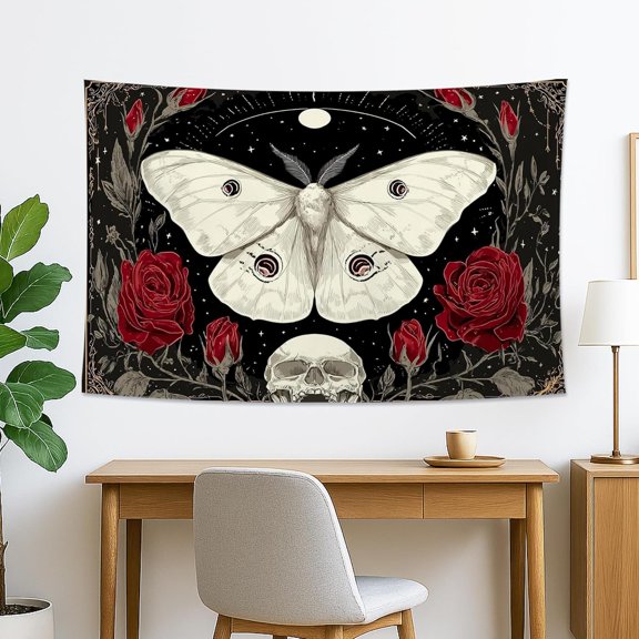 Moth and Roses Black Tapestry, Floral Gothic Decorative Wall Hanging, Dark Aesthetic Tapestries for Bedroom, Living Room, Dorm 60x40 Inch