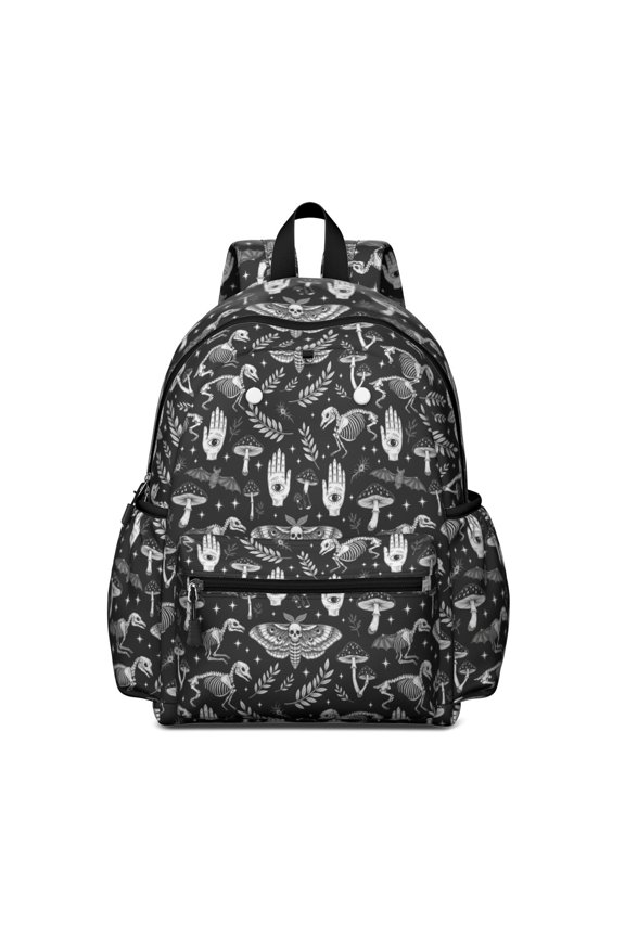 Moth and Skeleton Gothic Pattern Backpack for School, Cute School Bag with Adjustable Shoulder Straps and Padded Back, 13.4"x11"x4.7"
