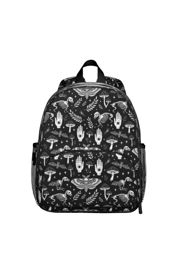 Moth and Skeleton Gothic Pattern Backpack for School, Cute School Bag with Adjustable Shoulder Straps and Padded Back, 13.8"x11.4"x6"