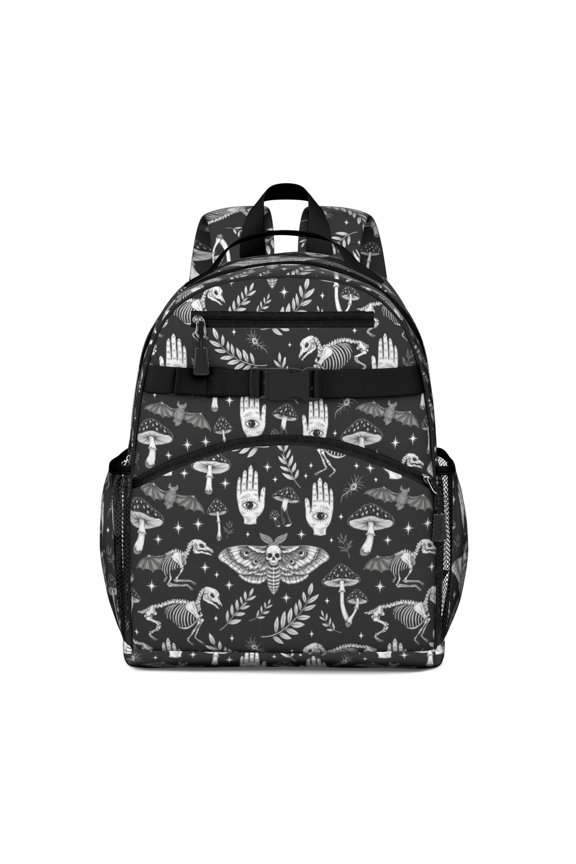 Moth and Skeleton Gothic Pattern Backpack for School, Cute School Bag with Adjustable Shoulder Straps and Padded Back, 15.25"x11.5"x5.25"