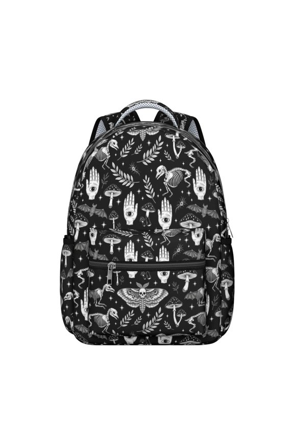 Moth and Skeleton Gothic Pattern Backpack for School, Cute School Bag with Adjustable Shoulder Straps and Padded Back, 15.3"x11"x7.1"