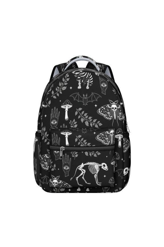 Moth and Skeleton Gothic Pattern Backpack for School, Cute School Bag with Adjustable Shoulder Straps and Padded Back, 15.3"x11"x7.1"
