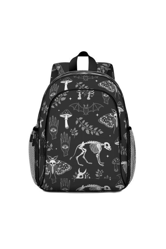 Moth and Skeleton Gothic Pattern Backpack for School, Cute School Bag with Adjustable Shoulder Straps and Padded Back, 15"x11.42"x5.5"