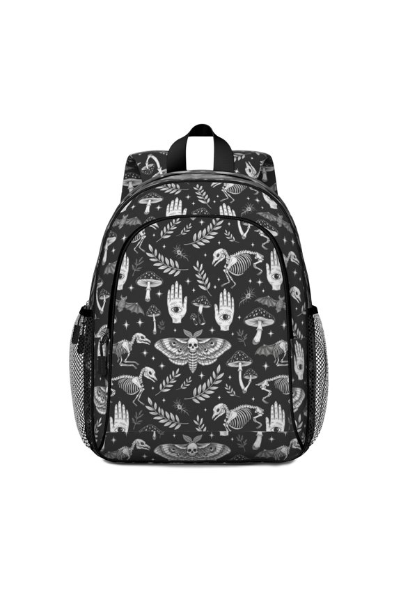 Moth and Skeleton Gothic Pattern Backpack for School, Cute School Bag with Adjustable Shoulder Straps and Padded Back, 15"x11.42"x5.5"