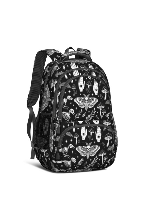 Moth and Skeleton Gothic Pattern Backpack for School, Cute School Bag with Adjustable Shoulder Straps and Padded Back, 16.9"x12.6"x5.9"