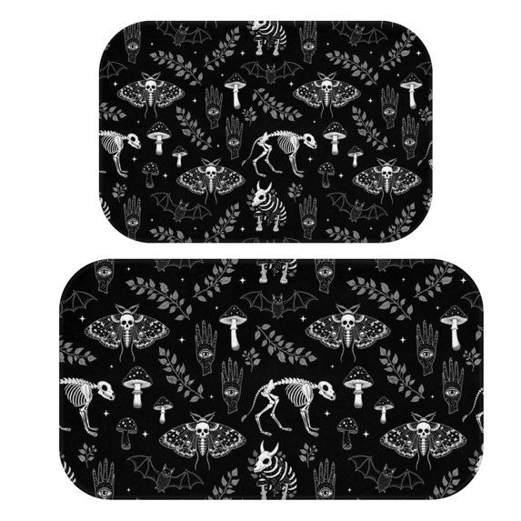 Moth and Skeleton Gothic Pattern Bath Mat Set Of 2,Non-Slip Rug for Bathroom,Kitchen,Bedroom,Entrance, 30x17 and 23.5x15.7 Inches