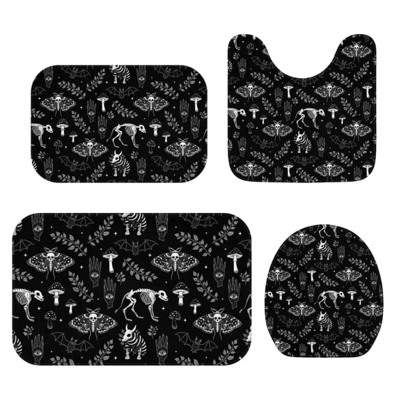Moth and Skeleton Gothic Pattern Bathroom Rug Set 4 Piece,Includes Contour,Lid Cover,Bath Mat,Non-Slip Extra Soft Absorbent Washable