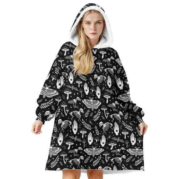 Moth and Skeleton Gothic Pattern Oversized Sherpa Fleece Wearable Blanket Hoodie, Double-Sided Warm Fuzzy Pullover with Super Pockets for Women & Men