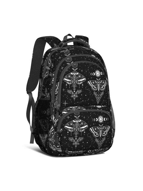Moth and Sun Gothic Pattern Backpack for School, Cute School Bag with Adjustable Shoulder Straps and Padded Back, 16.9"x12.6"x5.9"