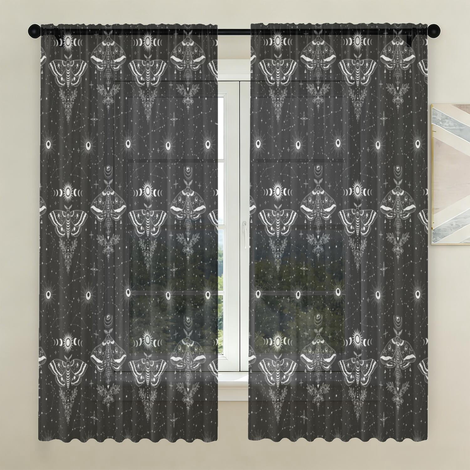 Moth Friend Moth and Sun Gothic Pattern Sheer Curtains, Voile Drapes with Dual Rod ...