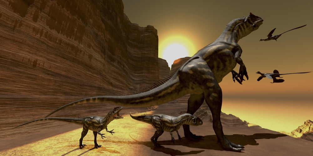 Mother Allosaurus observes Archaeopteryx birds at sunset Canvas Art - Corey FordStocktrek Images (20 x 10)