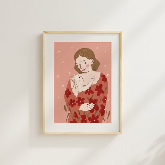 Mother And Baby Hug Artfloral Nursery Decor Unframed Paper Print