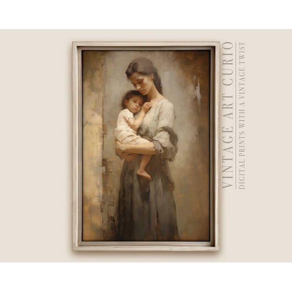 Mother And Child Portrait Wall Art, Warm Family Bond Illustration, Nostalgic For Cozy Home Decor, Port003 Home Decor #3613, 8x12 UNFRAMED