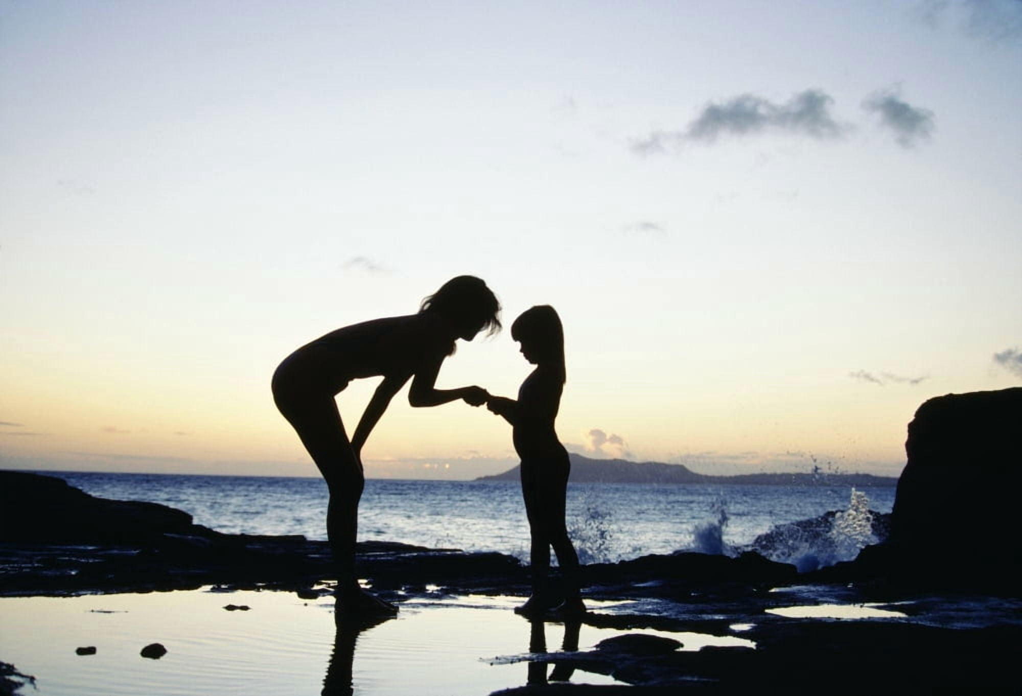 Mother And Daughter Silhouetted In Tidepool At Sunset Canvas Art - Chris Abraham Design Pics (36 x 24)