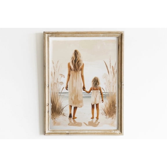 Mother And Daughter Wall Art Print, Beach Scene Nursery Decor Unframed Paper Print