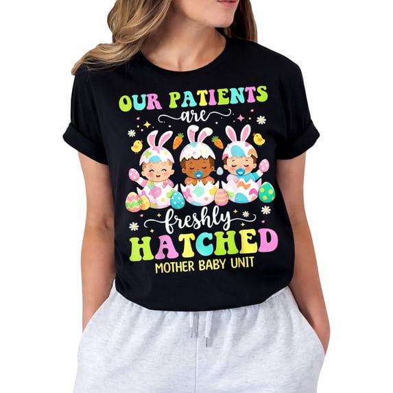 Mother Baby Unit Bunny Nurse Easter Day Graphic T-Shirt for Women, Casual Short Sleeve Crew Neck Tee