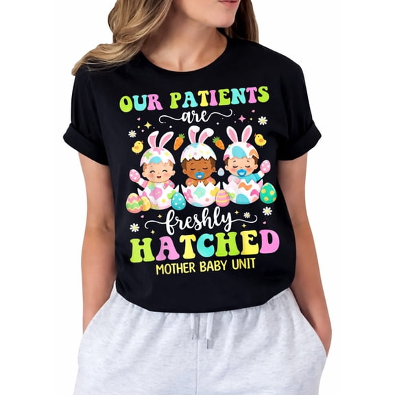 Mother Baby Unit Bunny Nurse Easter Day Graphic T-Shirt for Women, Casual Short Sleeve Crew Neck Tee
