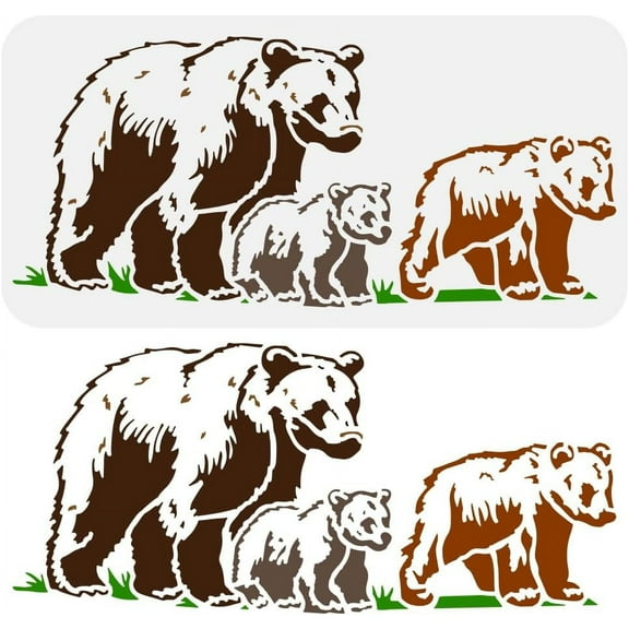 Mother Bear with Two Cubs Painting Stencil 11.8x5.9inch Plastic PET Animal Bear Template Reusable Bear Family Stencil Decorative Grassground Template DIY Animal Theme Stencil for DIY