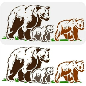 Mother Bear with Two Cubs Painting Stencil 11.8x5.9inch Plastic PET Animal Bear Template Reusable Bear Family Stencil Decorative Grassground Template DIY Animal Theme Stencil for DIY