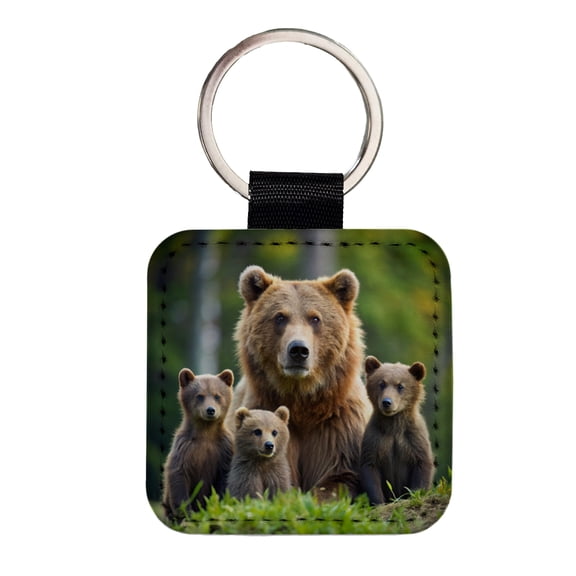 Mother Bear With Cubs Faux Leather Square Keychain