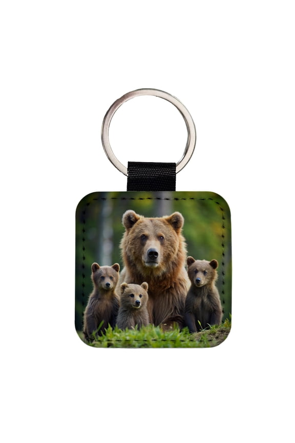 Mother Bear With Cubs Faux Leather Square Keychain