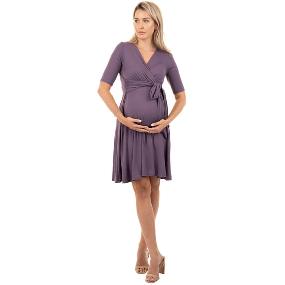 Mother Bee Maternity Knee Length Wrap Dress with Adjustable Belt