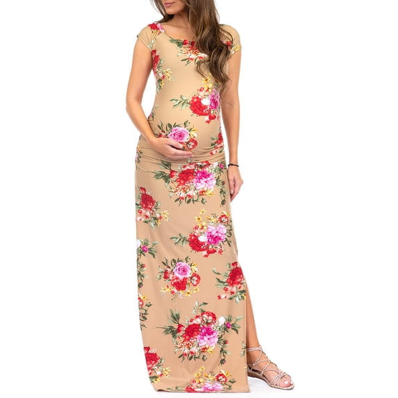 Mother Bee Maternity Short Sleeve Bodycon Dress with Ruched Side Slits for Baby Shower or Casual Wear