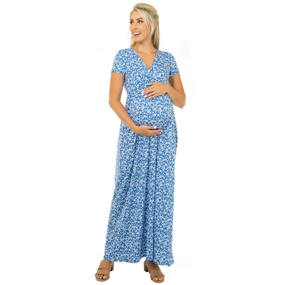 Mother Bee Maternity Short Sleeve Ruched Waist Faux Wrap Maxi Dress