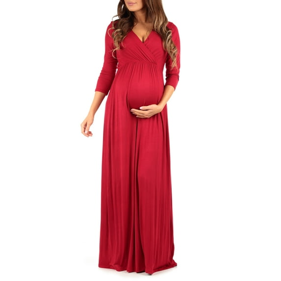 Mother Bee Maternity V-Neck 3/4 Sleeve Ruched Waist Dress