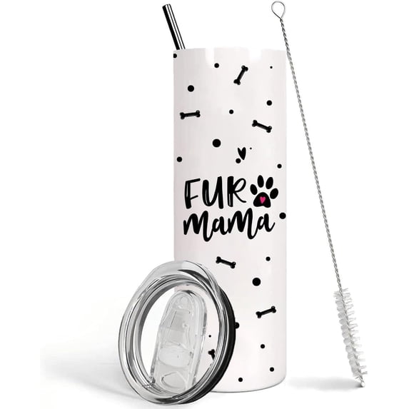 Mother Birthday Gift,Dog Tumbler with Lid and Straw,20oz Dog Fur Mom Paw Print Animal Stainless Steel Travel CoffeeMug Cup