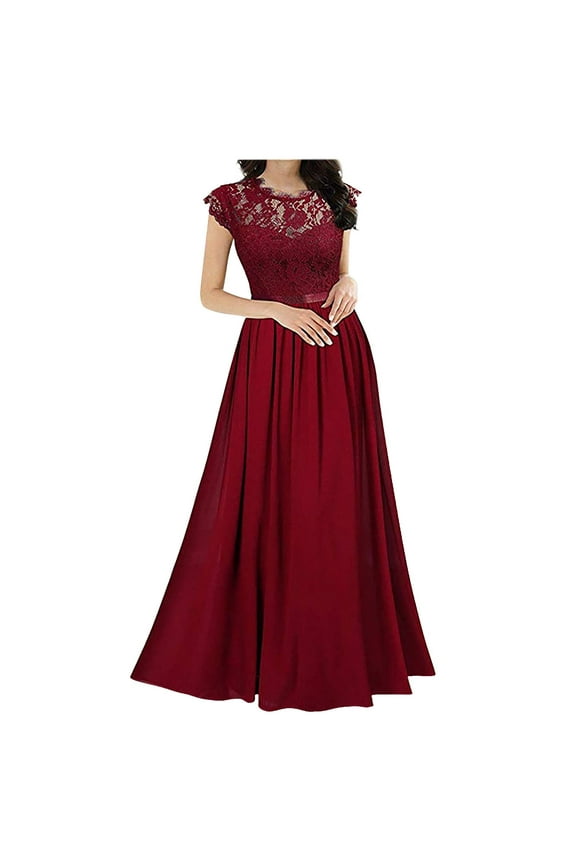 Mother of The Bride Dress for Wedding Classy Sleeveless Bridesmaid Party Long Dresses Ladies Vintage Lace Contrast Chiffon Ruffles Flared Swing Dress Lacey Neckline Evening Dresses for Women