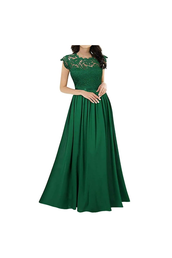 Mother of The Bride Dress for Wedding Classy Sleeveless Bridesmaid Party Long Dresses Ladies Vintage Lace Contrast Chiffon Ruffles Flared Swing Dress Lacey Neckline Evening Dresses for Women