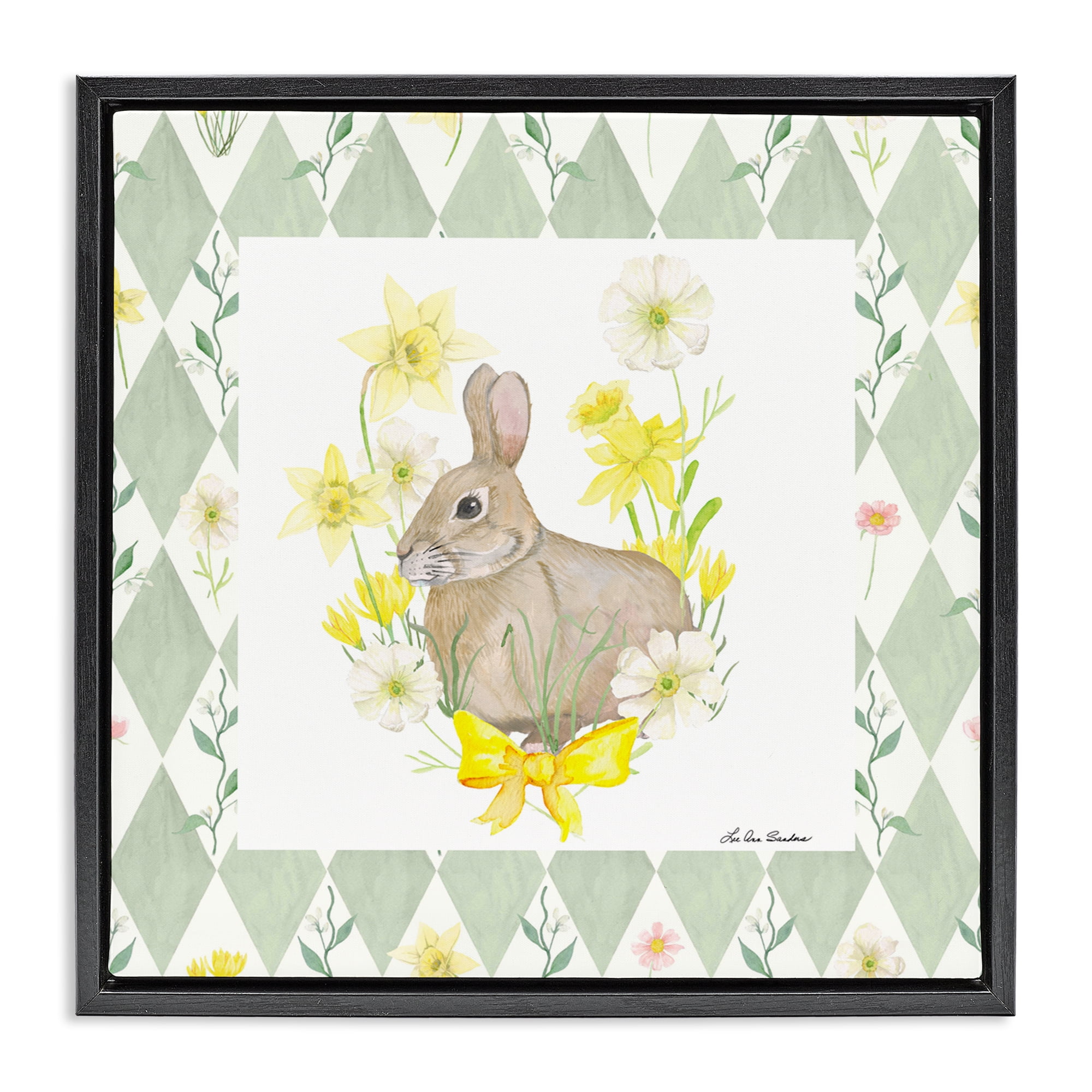 Mother Bunny on Green Argyle Black Framed Floater Canvas Wall Art, design by Lee Ann Sanders