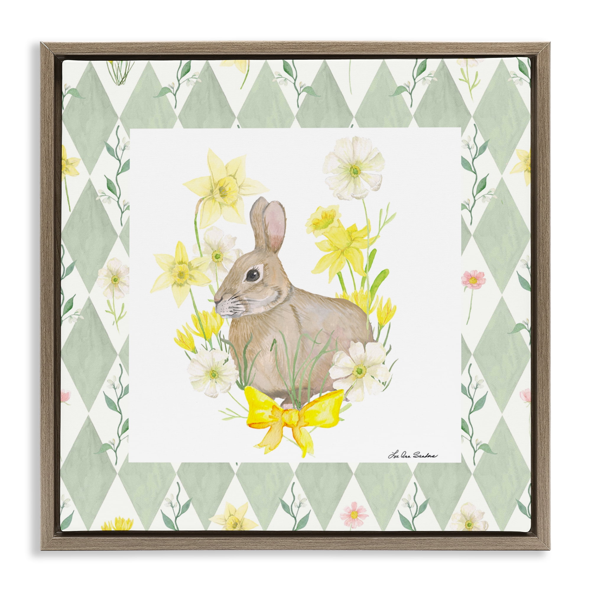 Mother Bunny on Green Argyle Brown Framed Floater Canvas Wall Art, design by Lee Ann Sanders