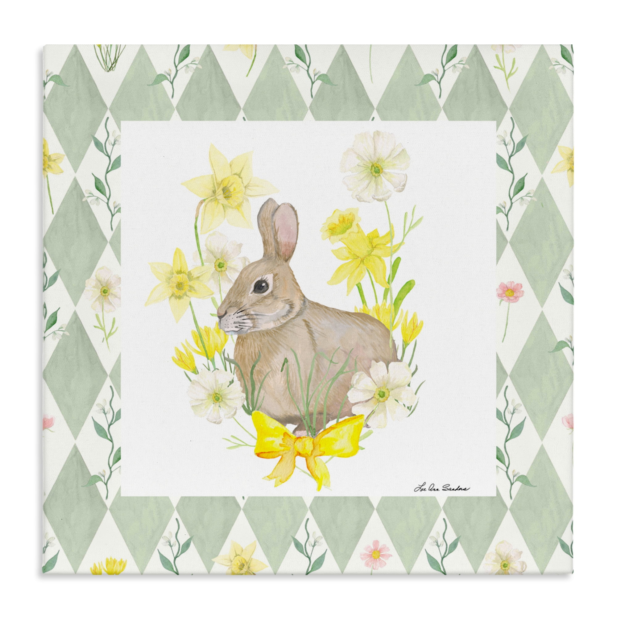 Mother Bunny on Green Argyle Canvas Wall Art, design by Lee Ann Sanders