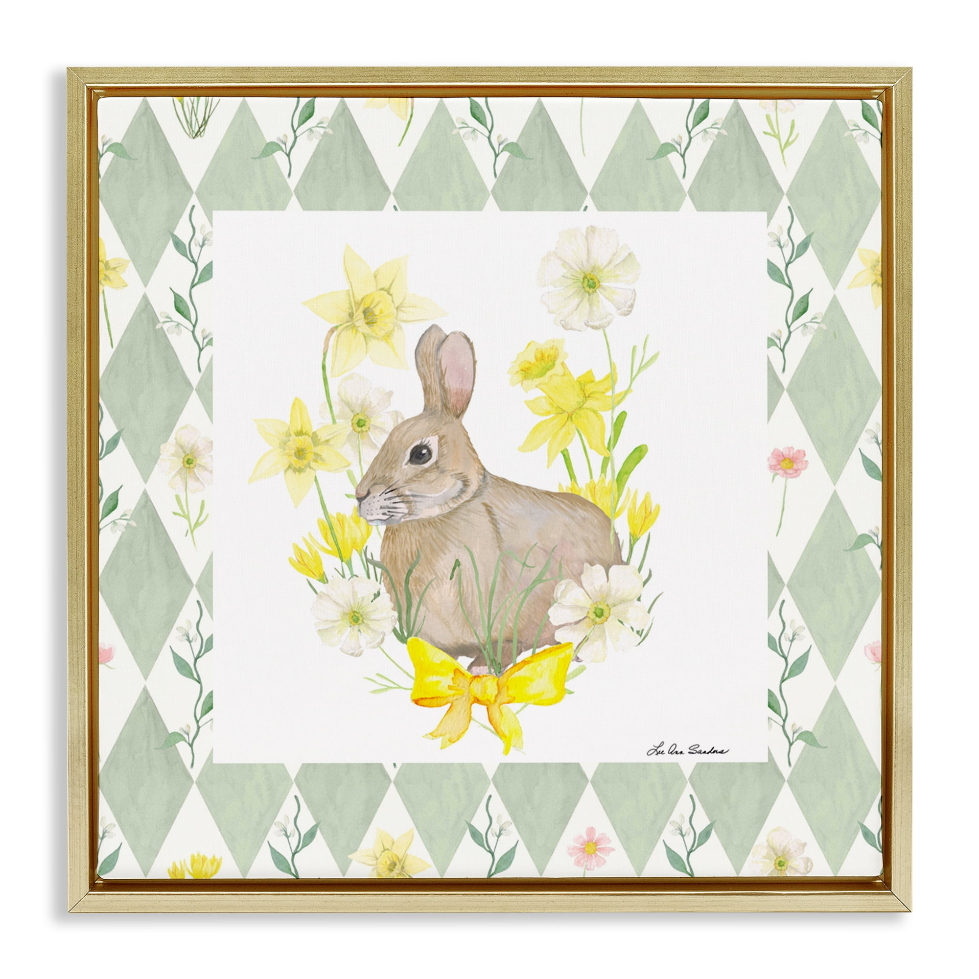 Mother Bunny on Green Argyle Gold Framed Floater Canvas Wall Art, design by Lee Ann Sanders