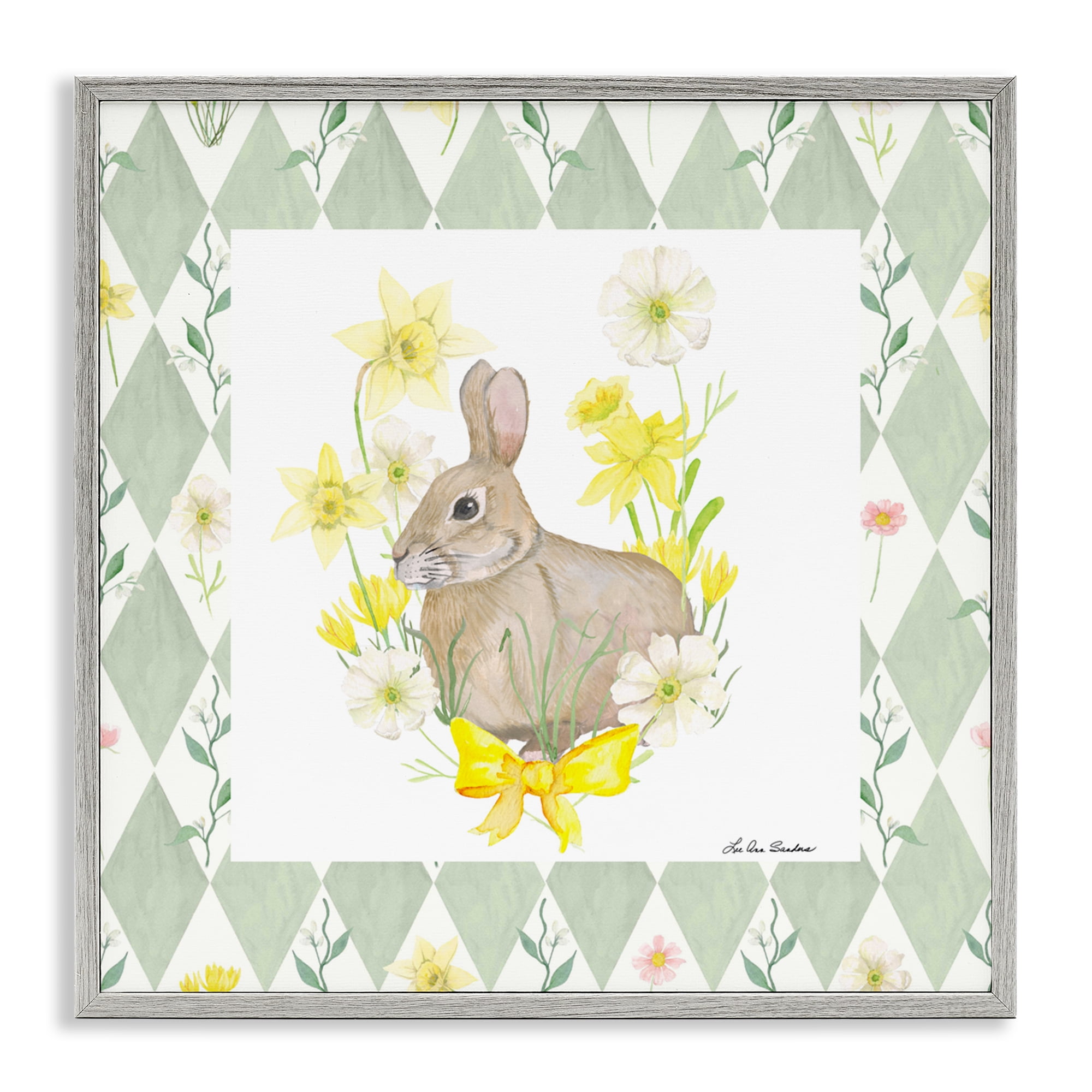 Mother Bunny on Green Argyle Gray Framed Giclee Art, design by Lee Ann Sanders