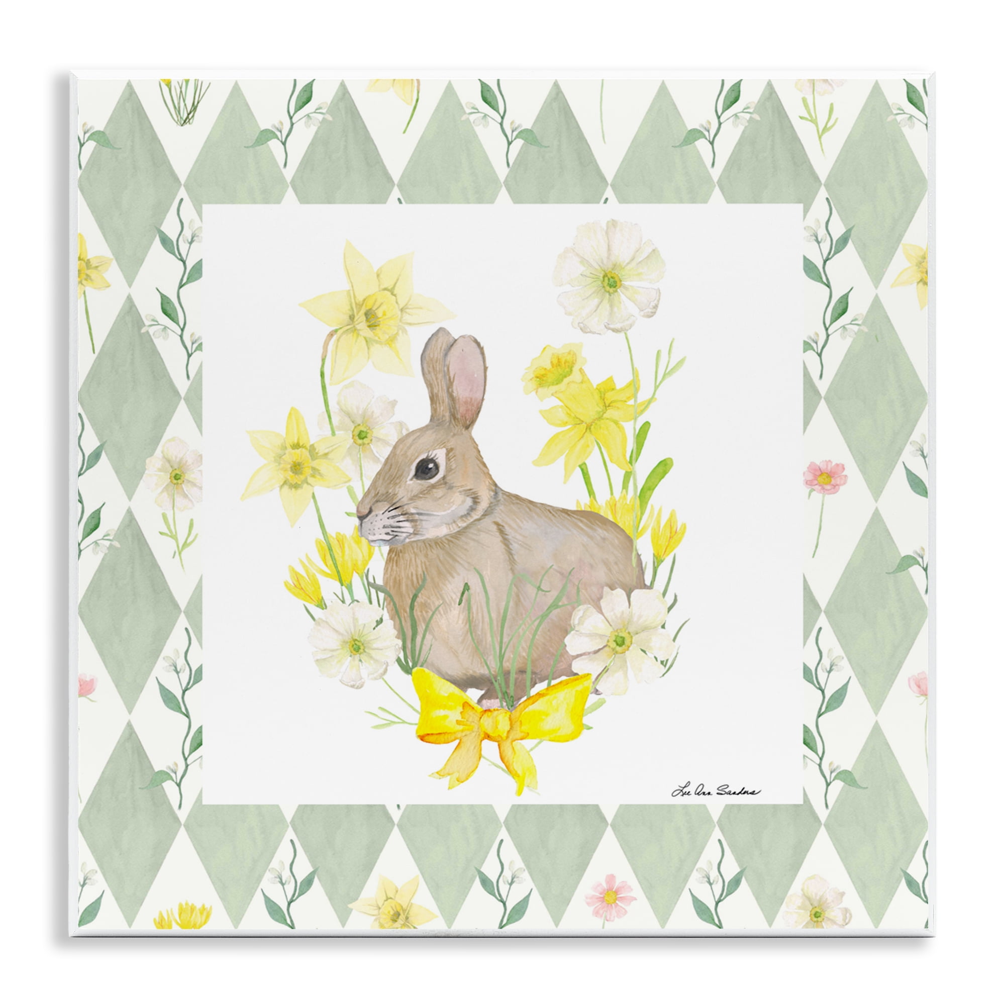Mother Bunny on Green Argyle Wall Plaque Art, design by Lee Ann Sanders