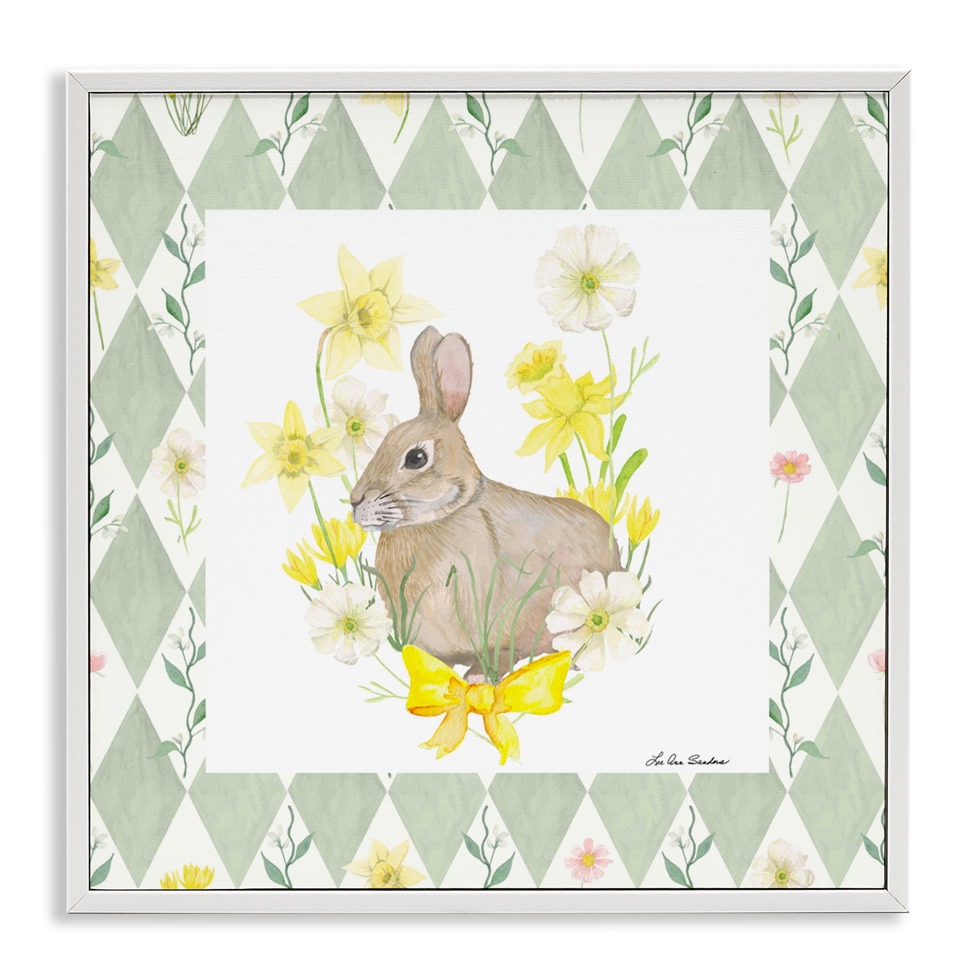 Mother Bunny on Green Argyle White Framed Giclee Art, design by Lee Ann Sanders
